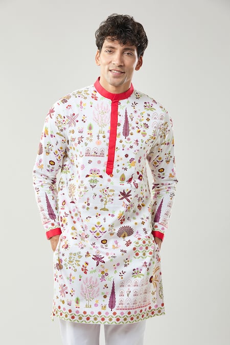 Taroob_Ivory Cotton, Silk Embroidery Printed Kashmir Art Kurta Set _at_Aza_Fashions