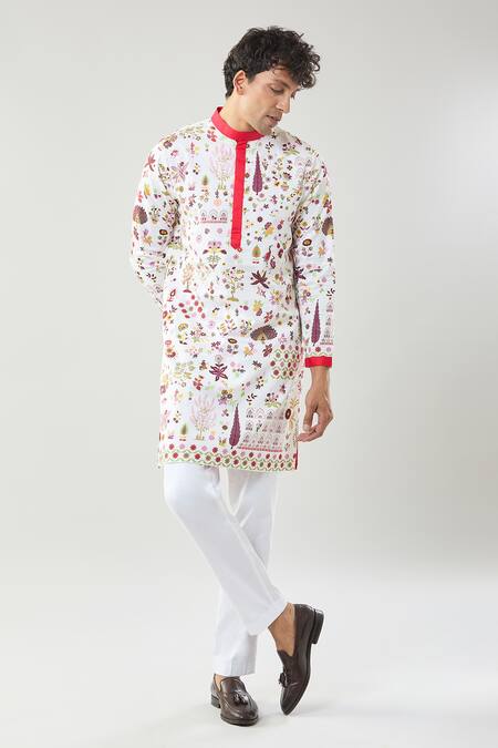 Buy_Taroob_Ivory Cotton, Silk Embroidery Printed Kashmir Art Kurta Set 