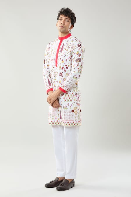 Shop_Taroob_Ivory Cotton, Silk Embroidery Printed Kashmir Art Kurta Set 