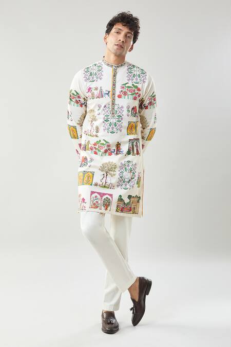 Taroob_Ivory Cotton, Silk Embroidery Pichwai Art Printed Kurta Set_Online_at_Aza_Fashions