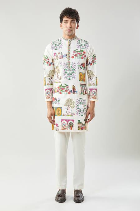 Buy_Taroob_Ivory Cotton, Silk Embroidery Pichwai Art Printed Kurta Set_Online_at_Aza_Fashions