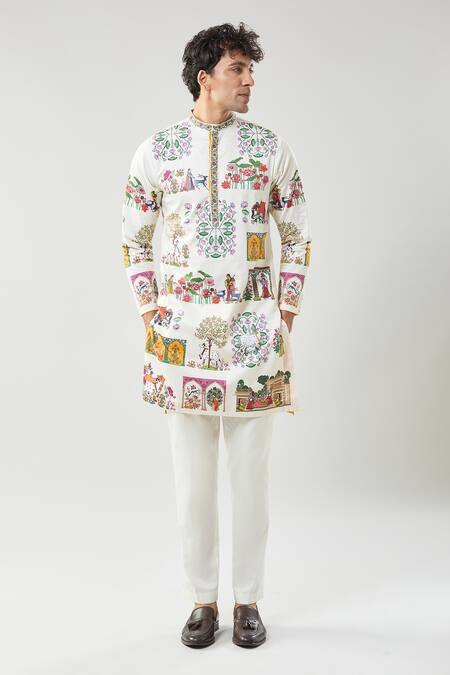 Shop_Taroob_Ivory Cotton, Silk Embroidery Pichwai Art Printed Kurta Set_Online_at_Aza_Fashions