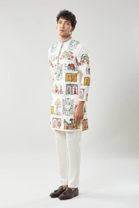 Taroob_Ivory Cotton, Silk Embroidery Pichwai Art Printed Kurta Set_at_Aza_Fashions