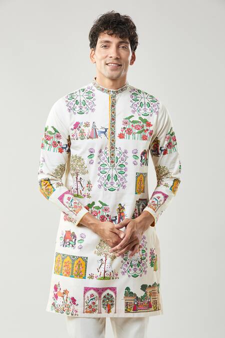 Shop_Taroob_Ivory Cotton, Silk Embroidery Pichwai Art Printed Kurta Set