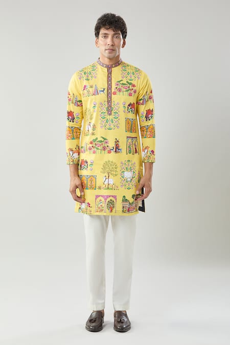 Buy_Taroob_Yellow Cotton, Silk Pichwai Art Printed Kurta Set _Online_at_Aza_Fashions
