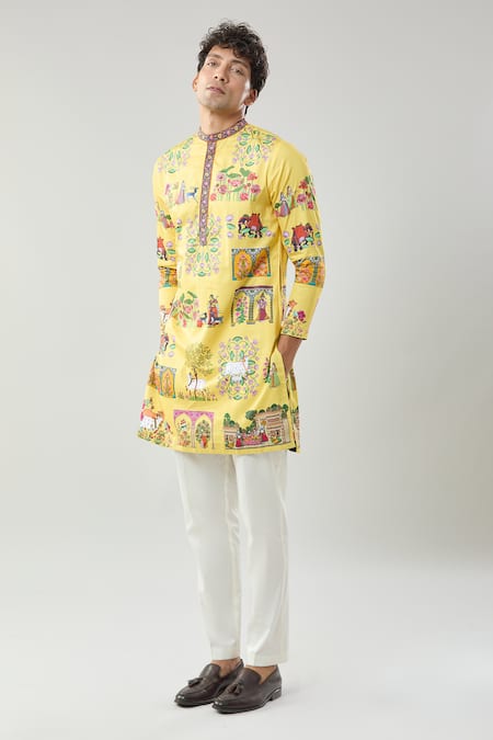 Shop_Taroob_Yellow Cotton, Silk Pichwai Art Printed Kurta Set _Online_at_Aza_Fashions