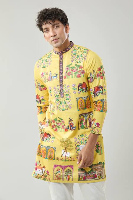 Taroob_Yellow Cotton, Silk Pichwai Art Printed Kurta Set _at_Aza_Fashions