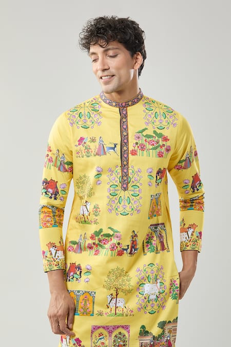 Buy_Taroob_Yellow Cotton, Silk Pichwai Art Printed Kurta Set 