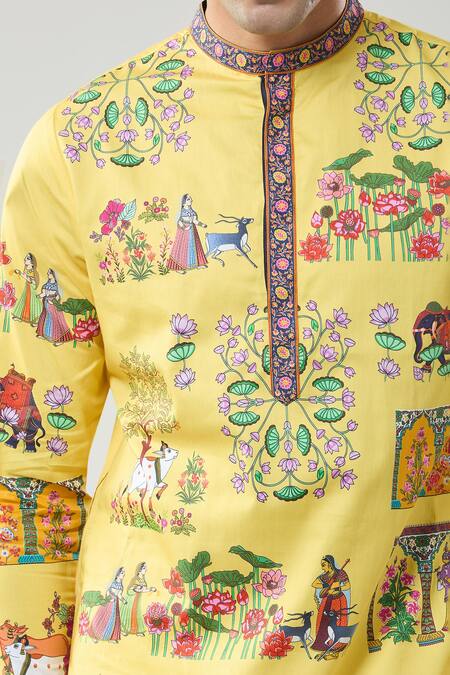 Shop_Taroob_Yellow Cotton, Silk Pichwai Art Printed Kurta Set 