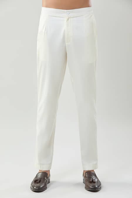 Taroob_Ivory Cotton, Silk Zari, Embroidery Zardozi Kurta Pajama Set_Online_at_Aza_Fashions