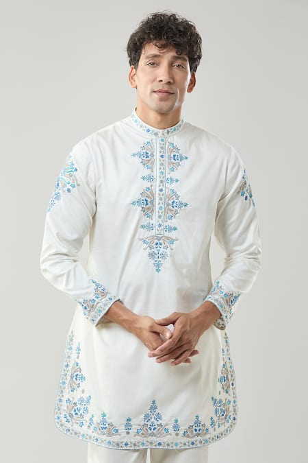 Buy_Taroob_Ivory Cotton, Silk Zari, Embroidery Zardozi Kurta Pajama Set_Online_at_Aza_Fashions