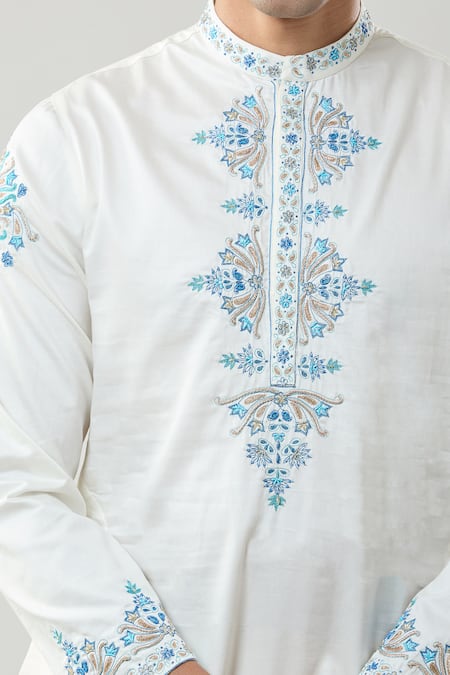 Shop_Taroob_Ivory Cotton, Silk Zari, Embroidery Zardozi Kurta Pajama Set_Online_at_Aza_Fashions