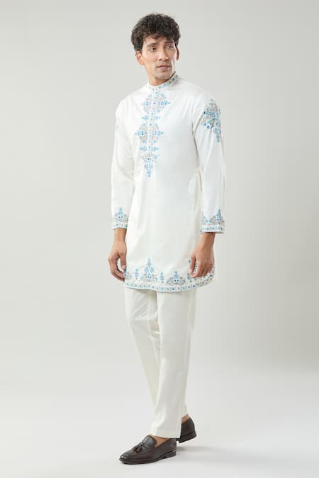 Taroob_Ivory Cotton, Silk Zari, Embroidery Zardozi Kurta Pajama Set_at_Aza_Fashions