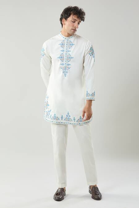 Buy_Taroob_Ivory Cotton, Silk Zari, Embroidery Zardozi Kurta Pajama Set