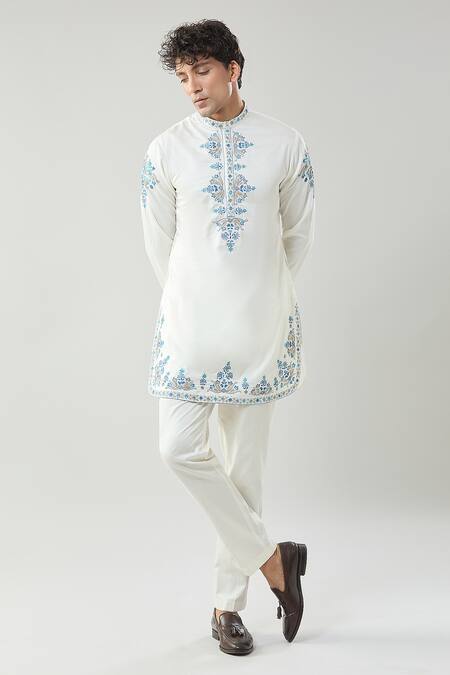 Shop_Taroob_Ivory Cotton, Silk Zari, Embroidery Zardozi Kurta Pajama Set