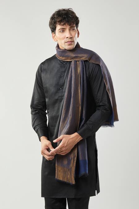 Taroob_Navy Wool Zari Stole_Online_at_Aza_Fashions