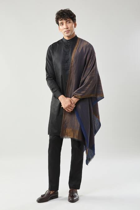 Shop_Taroob_Navy Wool Zari Stole_at_Aza_Fashions