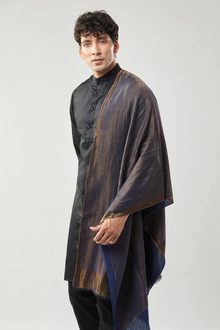 Shop_Taroob_Navy Wool Zari Stole_Online_at_Aza_Fashions