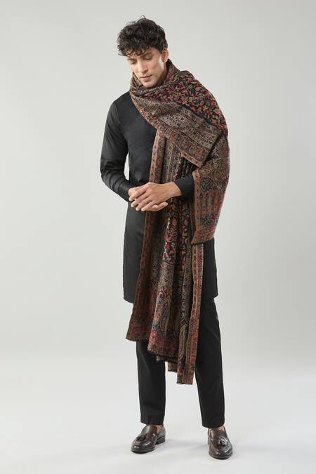 Taroob_Black Kashmiri Kaani Woollen Shawl_Online_at_Aza_Fashions