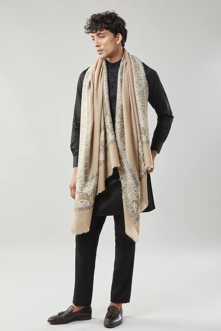 Buy Taroob Cream Mughal Darbar Border Wool Shawl Buy_Taroob_Cream Mughal Darbar Border Wool Shawl