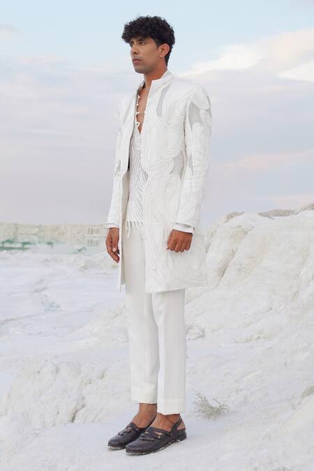 Buy_Ankur J_White Satin, Crepe Embroidery Ivory Scallop Indo And Ethnowave Shirt Set _Online_at_Aza_Fashions