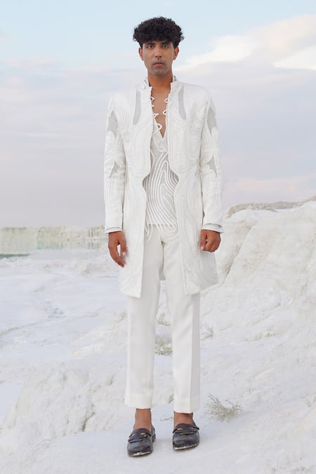 Shop_Ankur J_White Satin, Crepe Embroidery Ivory Scallop Indo And Ethnowave Shirt Set _Online_at_Aza_Fashions