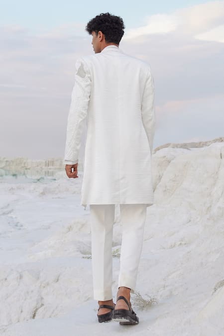 Shop_Ankur J_White Satin, Crepe Embroidery Ivory Scallop Indo And Ethnowave Shirt Set _at_Aza_Fashions