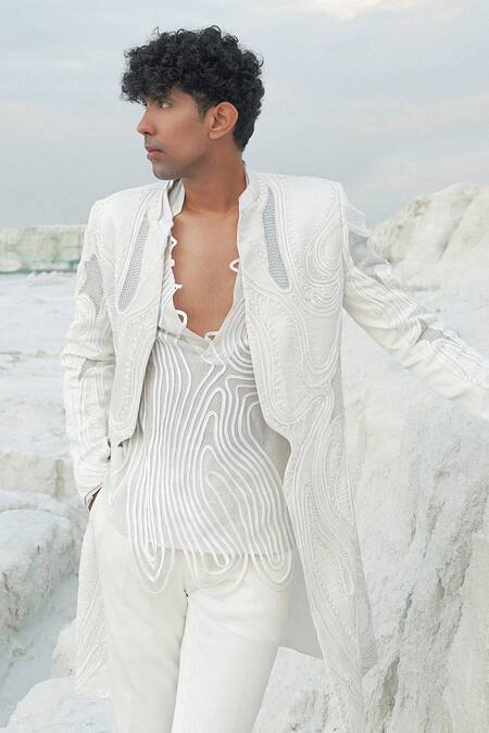 Ankur J_White Satin, Crepe Embroidery Ivory Scallop Indo And Ethnowave Shirt Set _at_Aza_Fashions