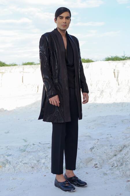 Ankur J_Black Crepe Embroidery Drape Shirt And Pants Set _Online_at_Aza_Fashions