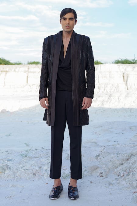 Shop_Ankur J_Black Crepe Embroidery Drape Shirt And Pants Set _Online_at_Aza_Fashions