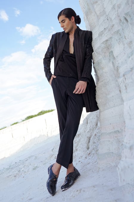Ankur J_Black Crepe Embroidery Drape Shirt And Pants Set _at_Aza_Fashions