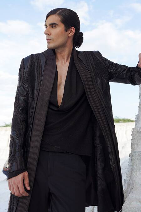 Buy_Ankur J_Black Crepe Embroidery Drape Shirt And Pants Set 