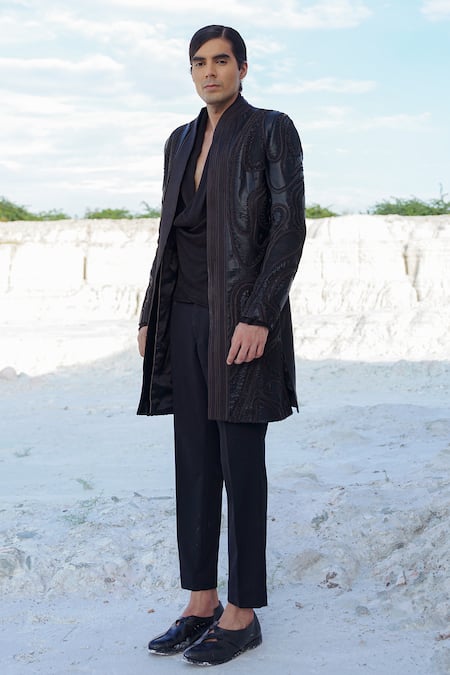 Shop_Ankur J_Black Crepe Embroidery Drape Shirt And Pants Set 