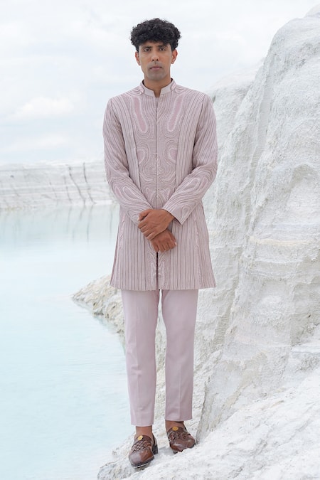 Ankur J_Pink Canvas, Crepe Embroidery Haze Cavali Silk Indo With Shirt Pants _Online_at_Aza_Fashions