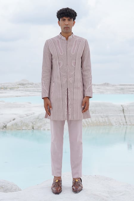 Shop_Ankur J_Pink Canvas, Crepe Embroidery Haze Cavali Silk Indo With Shirt Pants _Online_at_Aza_Fashions