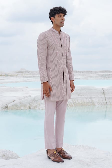 Ankur J_Pink Canvas, Crepe Embroidery Haze Cavali Silk Indo With Shirt Pants _at_Aza_Fashions