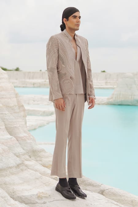 Buy_Ankur J_Beige Silk, Crepe Embroidery Scallop Ethnowave Blazer Set _Online_at_Aza_Fashions