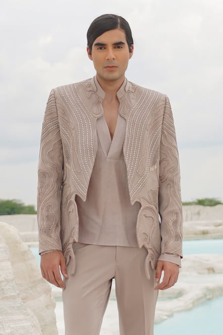 Shop_Ankur J_Beige Silk, Crepe Embroidery Scallop Ethnowave Blazer Set _Online_at_Aza_Fashions
