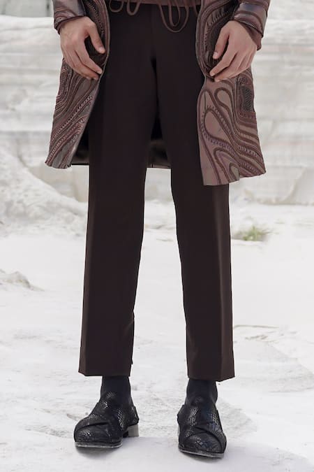 Ankur J_Brown Silk, Crepe Embroidery Ethnowave Sherwani Pant Set _Online_at_Aza_Fashions