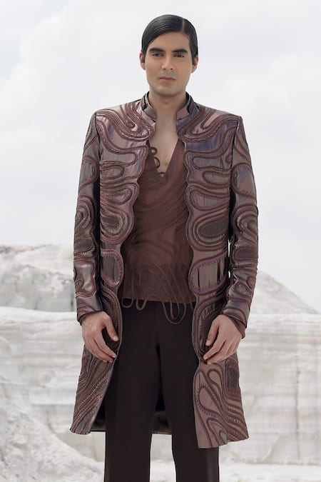 Buy_Ankur J_Brown Silk, Crepe Embroidery Ethnowave Sherwani Pant Set _Online_at_Aza_Fashions