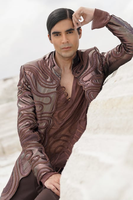 Shop_Ankur J_Brown Silk, Crepe Embroidery Ethnowave Sherwani Pant Set _Online_at_Aza_Fashions
