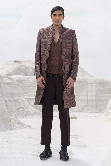 Ankur J_Brown Silk, Crepe Embroidery Ethnowave Sherwani Pant Set _at_Aza_Fashions