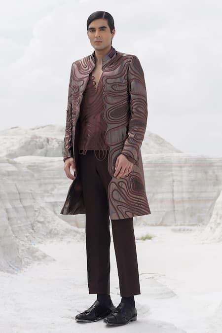 Buy_Ankur J_Brown Silk, Crepe Embroidery Ethnowave Sherwani Pant Set 