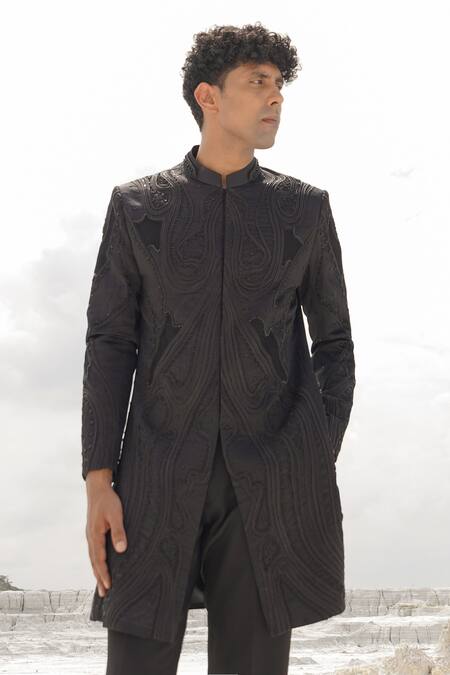 Ankur J_Black Satin, Crepe Embroidery Soda Indo Sherwani Set _Online_at_Aza_Fashions