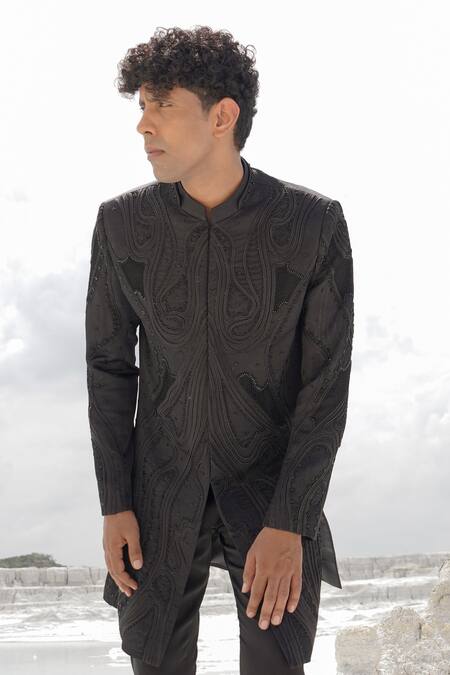 Shop_Ankur J_Black Satin, Crepe Embroidery Soda Indo Sherwani Set _Online_at_Aza_Fashions