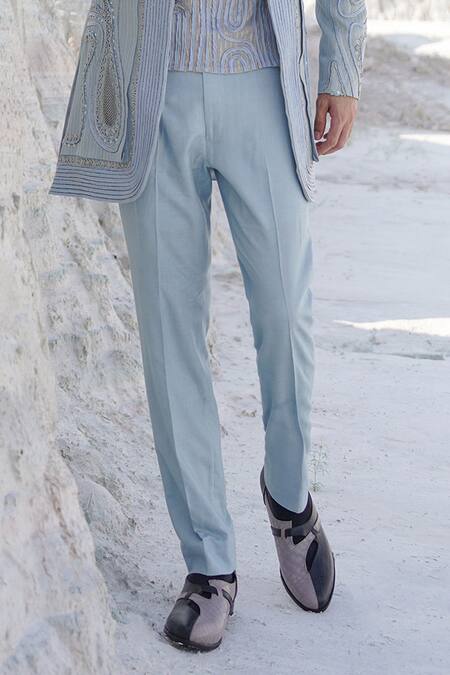 Ankur J_Blue Lurex, Satin, Crepe Embroidery Indo Shirt And Crape Pants Set _Online_at_Aza_Fashions