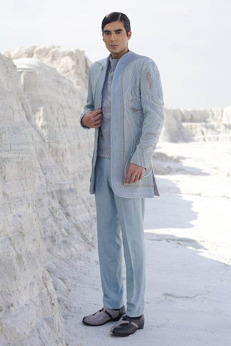 Buy_Ankur J_Blue Lurex, Satin, Crepe Embroidery Indo Shirt And Crape Pants Set _Online_at_Aza_Fashions