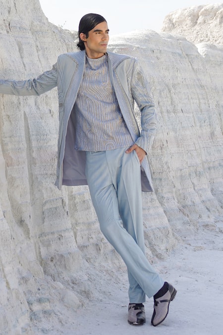 Shop_Ankur J_Blue Lurex, Satin, Crepe Embroidery Indo Shirt And Crape Pants Set _Online_at_Aza_Fashions