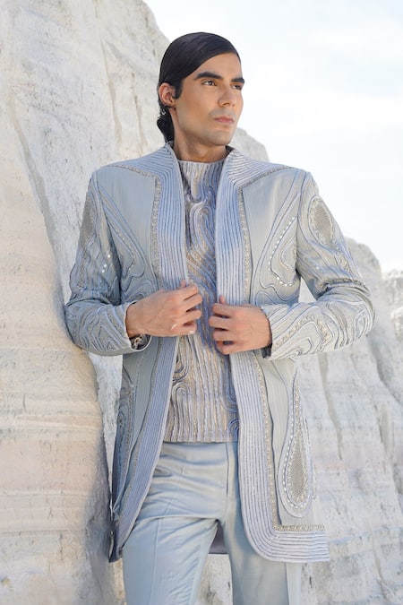 Ankur J_Blue Lurex, Satin, Crepe Embroidery Indo Shirt And Crape Pants Set _at_Aza_Fashions