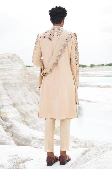 Shop_Ankur J_Cream Silk, Linen Embroidery Sherwani Set _at_Aza_Fashions